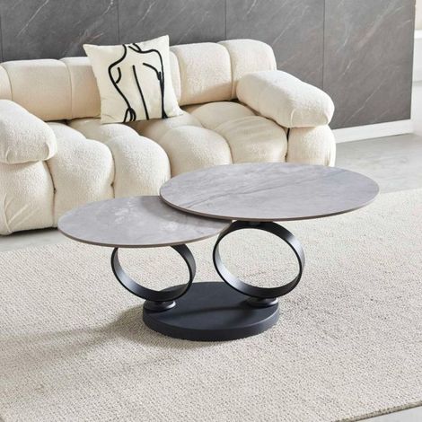 Tavolino doppio Gleam con piano in ceramica grigio lucido e struttura in metallo nero