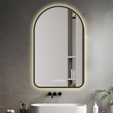 Miroir LED Salle de Bain 70x120cm Antibuée Horloge Température Rétroéclairage Noir