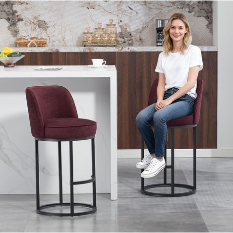 Tabouret de bar 46.5x49.5x88.5 cm rouge bordeaux en lin avec dossier ergonomique (1/5)