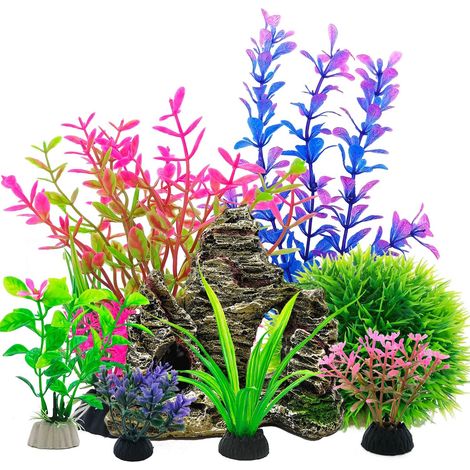 Ensemble de plantes d'aquarium et de grotte en pierre – 8 pièces de décorations colorées artificielles pour aquarium, plantes d'aquarium en plastique pour Betta, poissons rouges, aquariums (1/5)