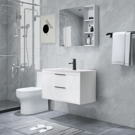 UEV Mobile Bagno Sospeso con Lavabo in Ceramica, 75CM Lavandino Bagno con 2 Cassetti, Lavandino Bagno con Mobiletto Moderno, Soft-Close, Bianco