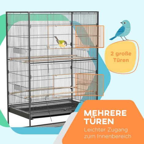Vogelkäfig inklusive Sitzstangen, Vogelspielzeug, herausnehmbarer Schale, 1 Ablage, grau. (1/5)