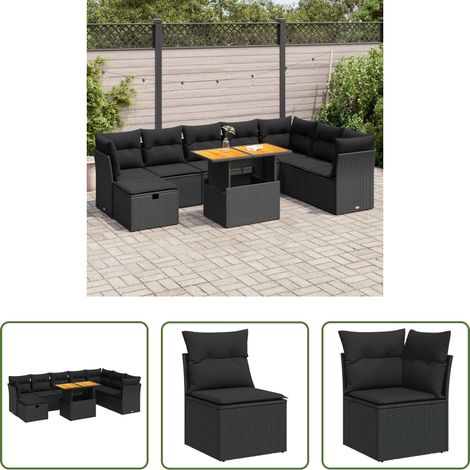 Rattanmöbel -  9-tlg. Garten-Sofagarnitur mit Kissen Schwarz Poly Rattan (1/5)