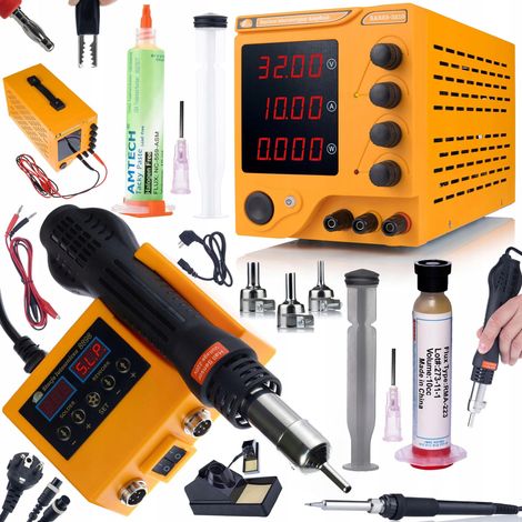 Fuente de alimentaci贸n de laboratorio AmpRush RARES-3210 de 32 V y 10 A + Estaci贸n de soldadura de aire caliente 2 en 1 Orange Husky OH660 Electric Serie S + Flux RMA-223 + Flux NC-559-ASM