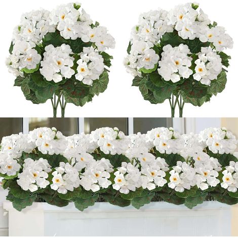 Lot de 3 bouquets de géraniums artificiels blancs résistants aux UV, fleurs décoratives réalistes pour jardin, balcon, boîte à fenêtre, terrasse, mariage et décoration intérieure extérieure