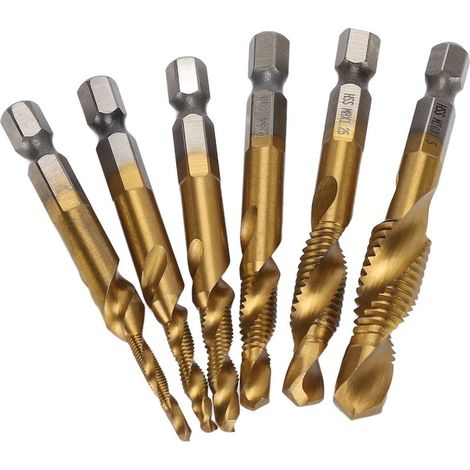 6 pièces Forets Tarauds Hexagonaux 1/4" pour Percer et Tarauder avec Revêtement Titane Résistant (1/5)