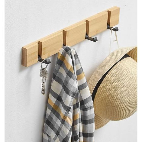 Patère Autocollante Solide en Bois avec 4 Crochets Pliables pour Accrocher Manteaux, Manteaux, Chapeaux, Écharpes, Sacs à Main et Clés (1/5)