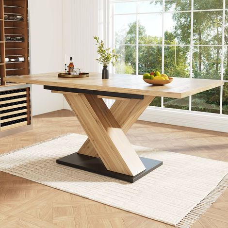 Table à manger télescopique 119-158,5 x 80 cm, table extensible en bois pour cuisine et salon, pieds croisés (1/5)