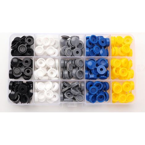 150 Pièces Cache-Vis à Charnière en Plastique pour M3.5/M4, Capuchons à Vis Pliables, pour Meubles Placards, Étagères, Blanc/Noir/Gris/Bleu/Jaune