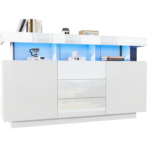 Buffet de salon 140x35x80 cm avec étagères, LED, 3 tiroirs 2 portes, aggloméré, blanc (1/5)