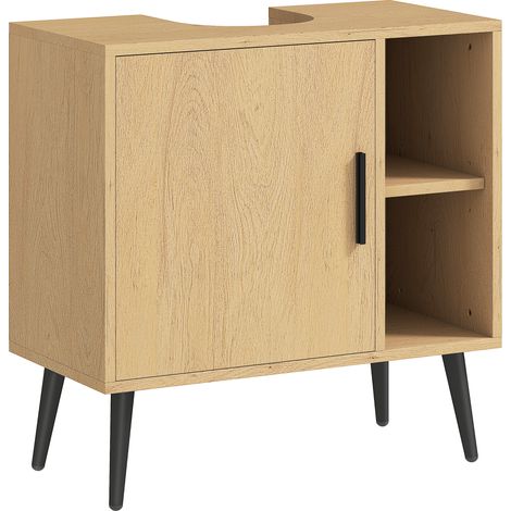 Meuble vasque salle de bain avec porte à fermeture amortie et étagère ajustable, 60x30x59,5 cm, chêne (1/5)