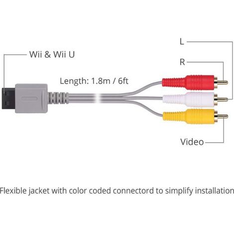 Câble AV Wii/Wii U de 1,8 m, câble composite standard RCA rétro-audio plaqué or pour Nintendo Wii Wii U (1/3)