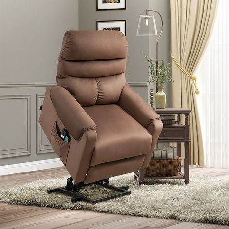 Fauteuil TV électrique avec assistance au relevage, fauteuil de massage avec fonction inclinable et chauffante, fauteuil réglable avec télécommande et poche latérale, tissu polyester marron (1/5)