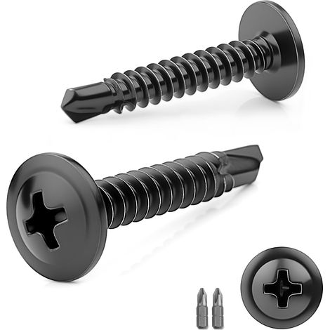 150 Pièces Vis Autoforeuse Inox Metal Noir M4.2x16mm Vis Autoperforante Inox 410 Auto Foreuse Cruciforme pour Aluminium Bois Plastique Livré avec 2 Embouts de Tournevis (1/5)