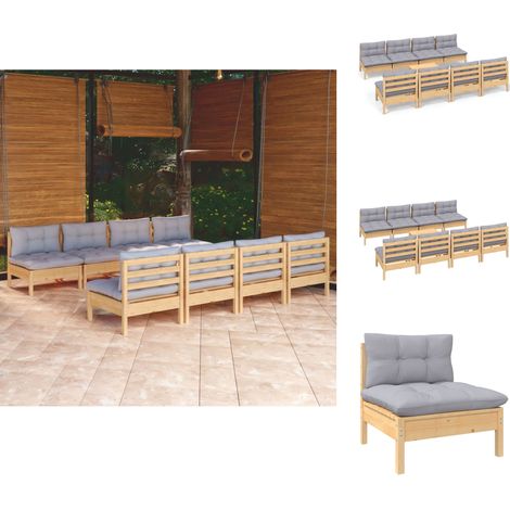 Gartenmöbel-Sets - Living 9-tlg. Garten-Lounge-Set mit Grauen Kissen Kiefer Massivholz (1/5)