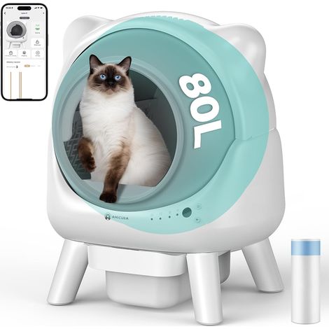 Litiere Chat Autonettoyante, 80+8L Litière Autonettoyante, Capteurs de Sécurité, Élimination des Odeurs, Commande App, Grande Capacité, Litière Automatique pour Plusieurs Chats (1/5)