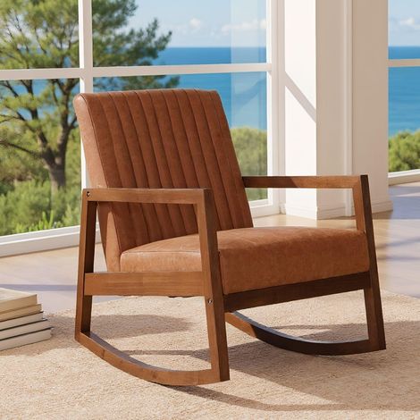 Wahson Rocking Chair in PU Leather Accent Retro Armchair Leisure Padded with Solid Wood Legs for Living Room Bedroom Balcony, Brown (1/5)