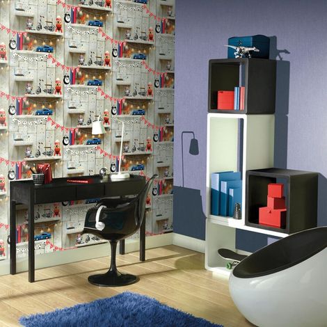 Boys Life Kids Wallpaper Wood Effect Retro Car Robot Bookshelf Feature Wall (1/4)