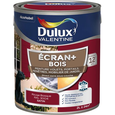 ECRAN+ BOIS - Peinture satinée pour bois extérieur - Volets, portes, fenêtres, portails - Rouge Basque  2 L - Dulux Valentine