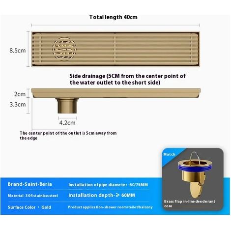(8.5cmx40cmB) Golden Bamboo Row High-End Bathroom Shower Floor Drain Six-Proof Grille Extended Linear Stainless Steel Long Floor Drain (1/4)