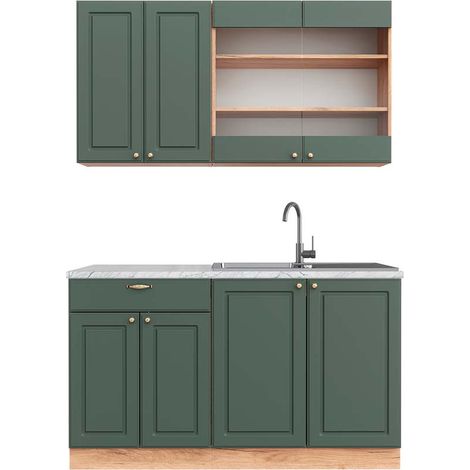 Singleküche Fame-Line, Grün-Gold Landhaus/Goldkraft Eiche, 140 cm , AP Marmor, Vicco