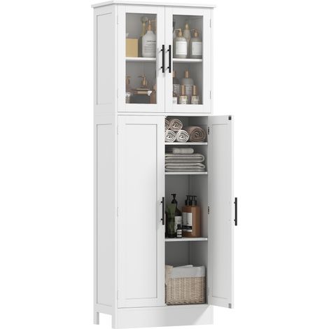 Meuble Salle de Bain Haut 6 Niveaux, 4 Portes, 2 Portes Vitrées, Étagères Réglables, Blanc (1/5)