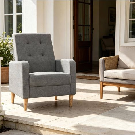 Fauteuil 1 place 54x61x90,5 cm gris foncé, dossier haut, tissu en lin et structure en bois MEUBLIV (1/5)