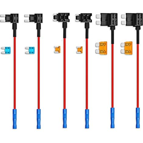 Set mit 6 Adaptern für den Kfz-Sicherungskasten, inklusive Sicherungshalter und zusätzlichem Stromkreis – Mini, Klein, Mittel, 12-V-Typen, 16-AWG-Kabel, schwarz (1/5)