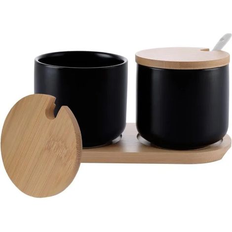 Sucrier en céramique avec couvercle en bambou, lot de 2, noir (1/5)
