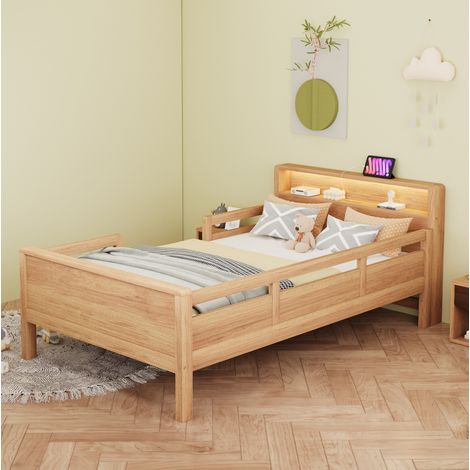 Letto per bambini multifunzione 213x95x80 cm, con luce LED, presa USB e Type-C, testiera con ripiano, legno naturale (1/5)