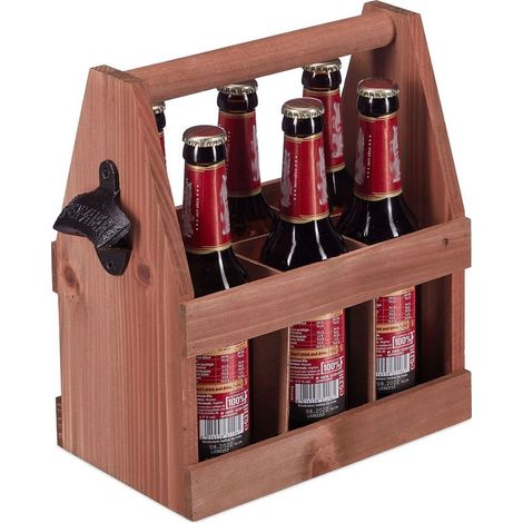 1 Porte-bouteille en bois, décapsuleur intégré, 6 bouteilles, pin et fer, marron, pique-nique (1/5)