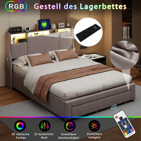 JOOKGBD- Doppelbett 140x200 cm, Polsterbett mit Stauraum, 2 integrierte Schubladen, LED-Beleuchtung, Kopfteil mit Ablagefächern, inklusive Lattenrost, für Erwachsene und Jugendliche, Leinen, Grau