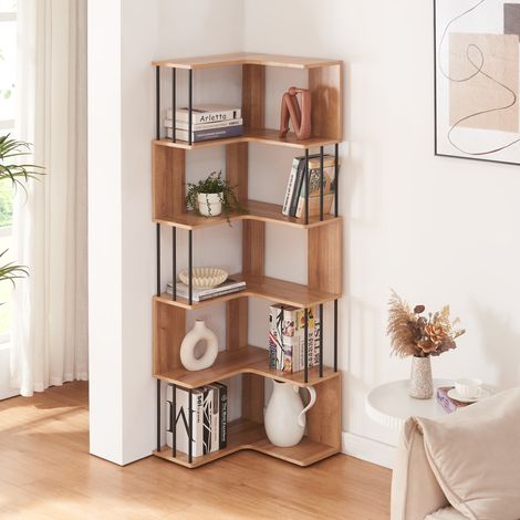 Scaffale Angolare Afrel con 5 Ripiani Aperti 160 x 54 x 54 cm - Effetto Rovere [en.casa] (1/5)