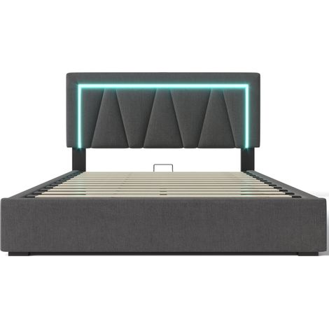 Letto contenitore 140x200 in lino grigio con LED, USB/USB-C, testiera regolabile e rete a doghe (1/5)
