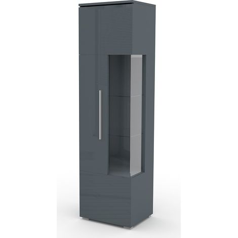 Vitrine Hochschrank Design mit Beleuchtung Kollektion BOMBAY. Farbe Hochglanz Grau. Öffnung Links