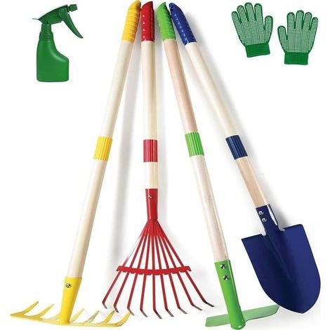 6 Pièces D'outils de Jardinage pour Enfants, 71CM Métal Grande Pelle Râteau Houoche Feuilles Râteau avec Bois Manche, Arrosoir, Gants - pour Enfants Extérieur Jardin Cour Pelouse Creuser Jouer (1/5)