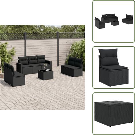 Salon de jardin 8 pcs avec coussins noir résine tressée - Ensemble Salon De Jardin - Meuble De Jardin - Canapé D'extérieur - Résine Tressée - Rotin Synthétique (1/5)