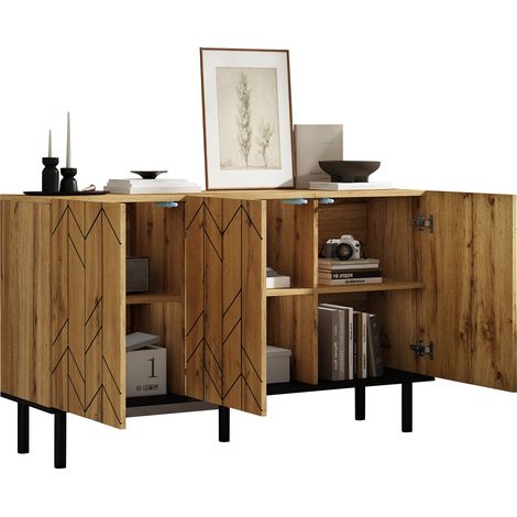 Buffet moderne bois naturel 120 cm 3 portes compartiments fermés motif ondulé pieds métal salon rangement (1/5)