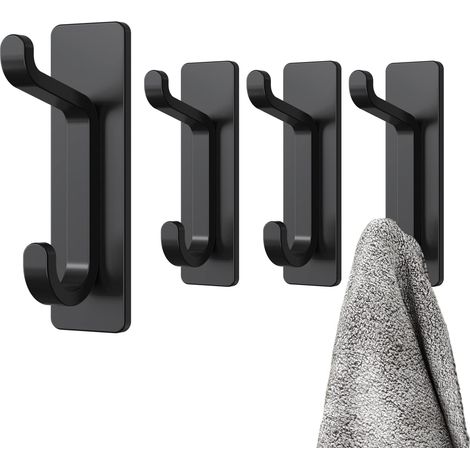 Crochet Adhesif Mural, Porte Serviette Salle de Bain, Accroche Torchon Cuisine, Porte Manteau Adhésif, Attache Murale Sans Percer, Etanche, Antirouille, Noir, 4 Pièces