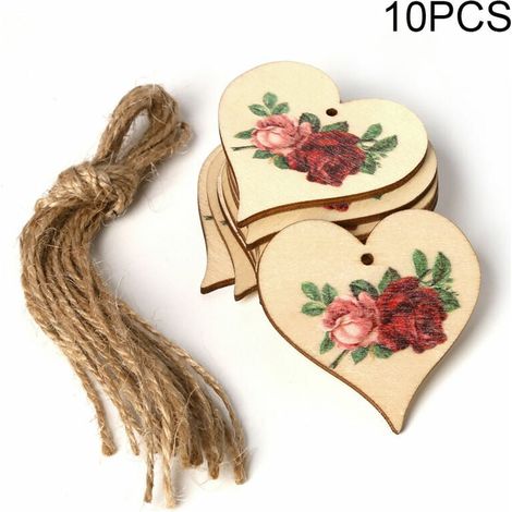 Pendentif Coeur Bois - 50 x 50 x 3 mm - Décoration Murale Rustique - Pour Mariage Fête Artisanat - Lot de 10 avec Corde (1/5)