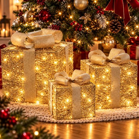 Tris Pacchi Regalo Luminosi Oro Natale Luci Bianco Caldo Decorazioni Natalizie (1/5)