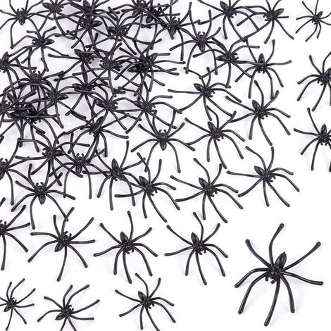 100 PCS fausses araignées plastiques noires 4,5 × 5 cm, décoration effrayante pour Halloween, maison hantée et fêtes à thème (1/5)
