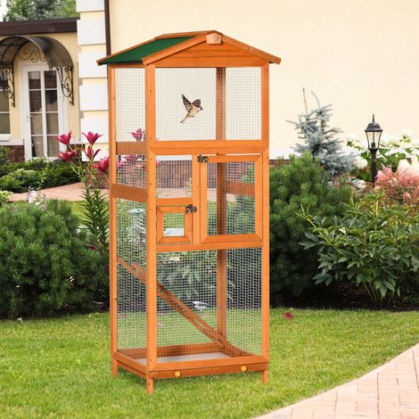 165 cm hoher Vogelkäfig aus Holz für den Außenbereich mit 2 Türen und herausnehmbarer Schale, Orange