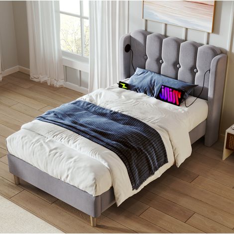 lit adulte couchage USB 90x200 lin gris chambre OKMYHOME (1/5)