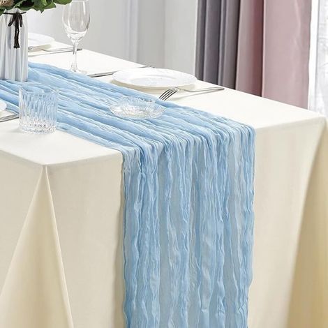 Runner da tavola in tulle azzurro cielo, 90 x 400 cm, tulle semitrasparente, stile bohémien, ideale per matrimoni e ricevimenti. (1/5)