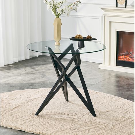 Mesa baja redonda de vidrio templado Ø 85 cm con estructura geométrica negra HAVRYA (1/5)