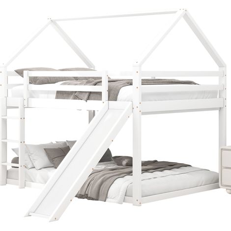 Lit Superposé 140×200 cm et 140×200 cm, Lit 4 Places avec Toboggan et Échelle, sans Matelas, en Bois, Blanc (1/5)