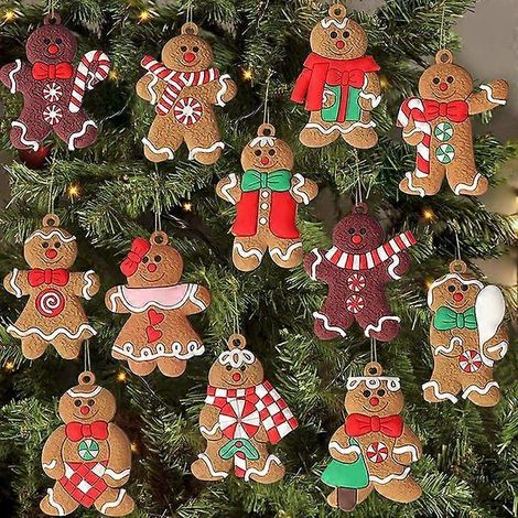 12 décorations de bonhommes en pain d'épice assorties en plastique pour sapin de Noël à suspendre. (1/5)