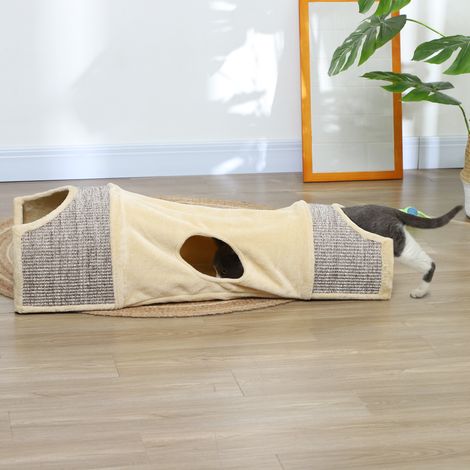 Tunnel pour chat, jeu pour chat, avec 2 niches en sisal, trous de porte, pour intérieur, 107L x 38l x 29H cm, beige (1/5)