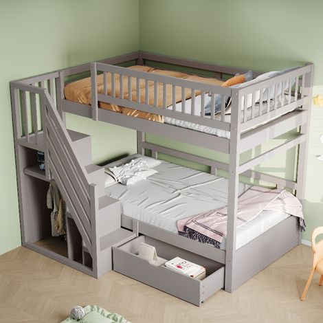 Etagenbett 90x200 cm mit Stauraumtreppe und Schubladen, Massivholz Stockbett für Kinderzimmer mit Sicherheitsgitter und Lattenrost, Grau (1/5)